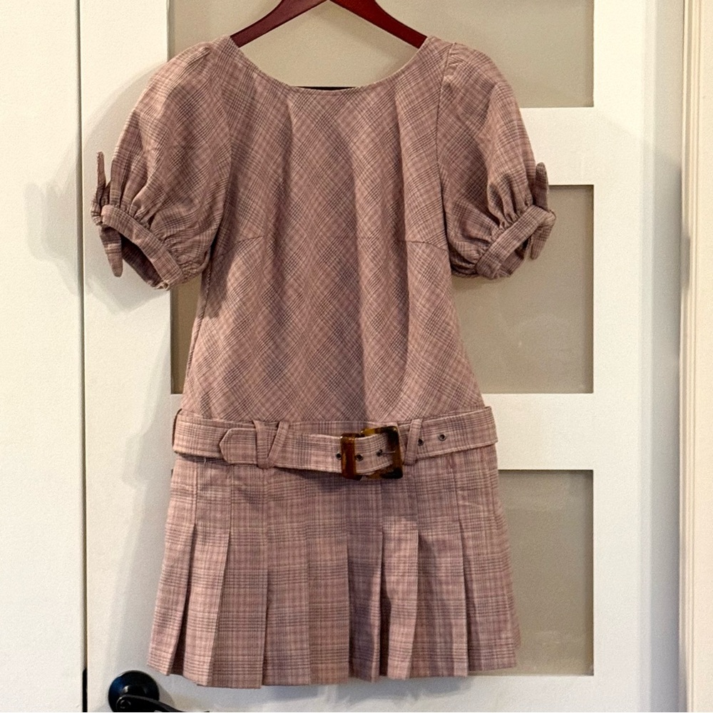 FREE PEOPLE Sevi Plaid Puff Sleeve Mini Dress with Belt.  NWOT Size S